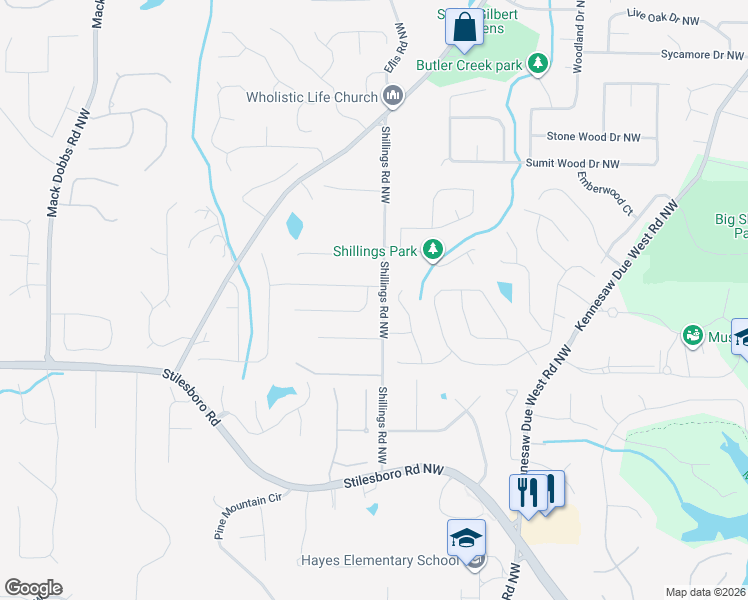 map of restaurants, bars, coffee shops, grocery stores, and more near 2853 Spicewood Lane Northwest in Kennesaw