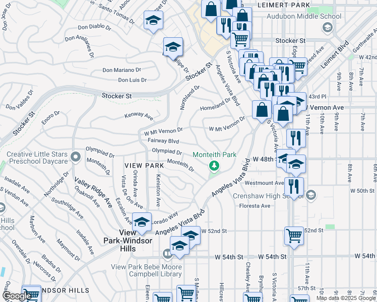 map of restaurants, bars, coffee shops, grocery stores, and more near 3771 Olympiad Drive in View Park-Windsor Hills