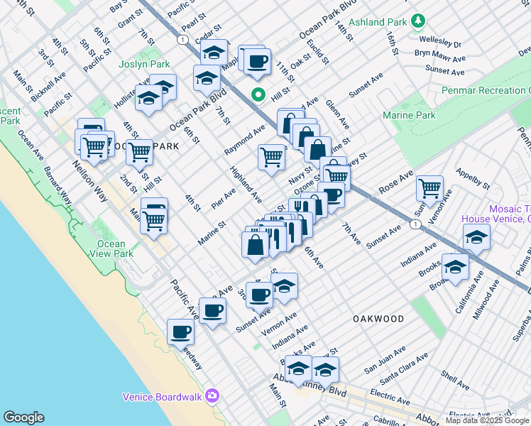 map of restaurants, bars, coffee shops, grocery stores, and more near in Santa Monica