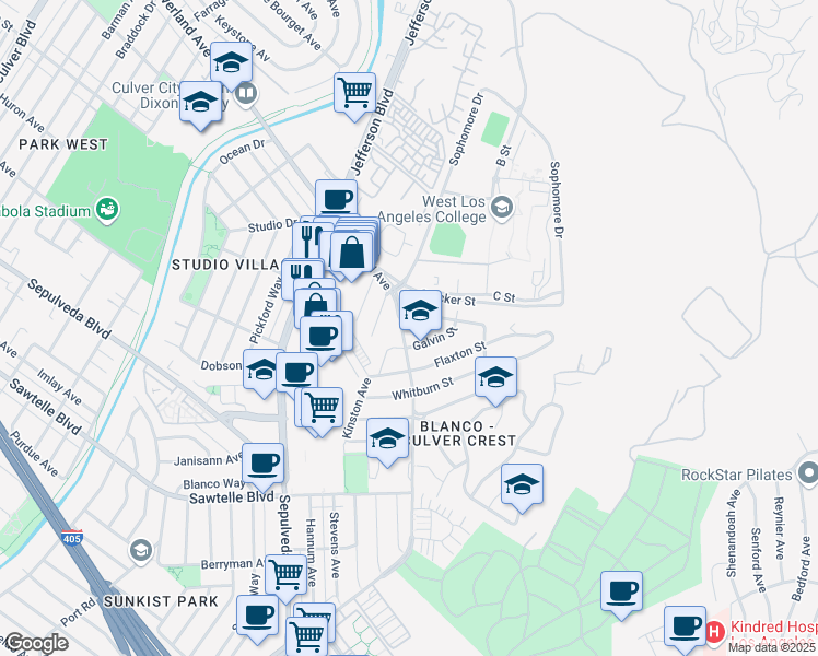 map of restaurants, bars, coffee shops, grocery stores, and more near 10808 Overland Avenue in Culver City