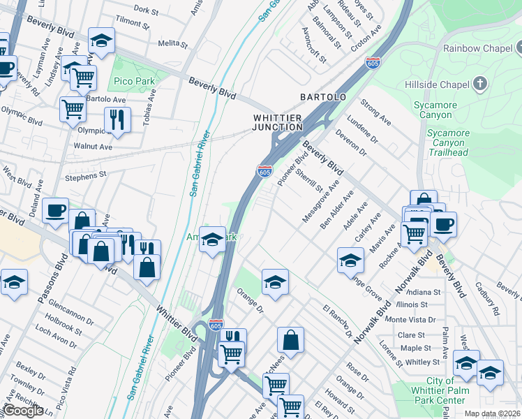 map of restaurants, bars, coffee shops, grocery stores, and more near 5593 Pioneer Boulevard in Whittier