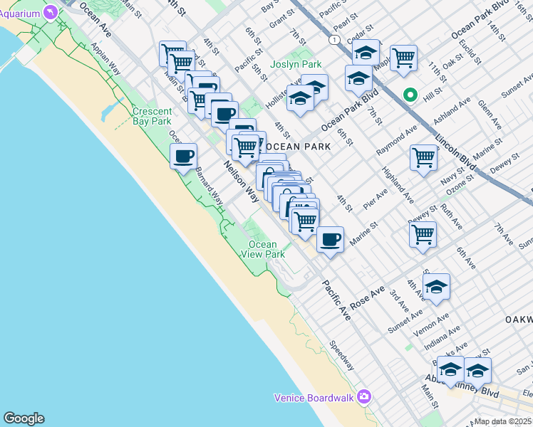 map of restaurants, bars, coffee shops, grocery stores, and more near 270 Neilson Way in Santa Monica