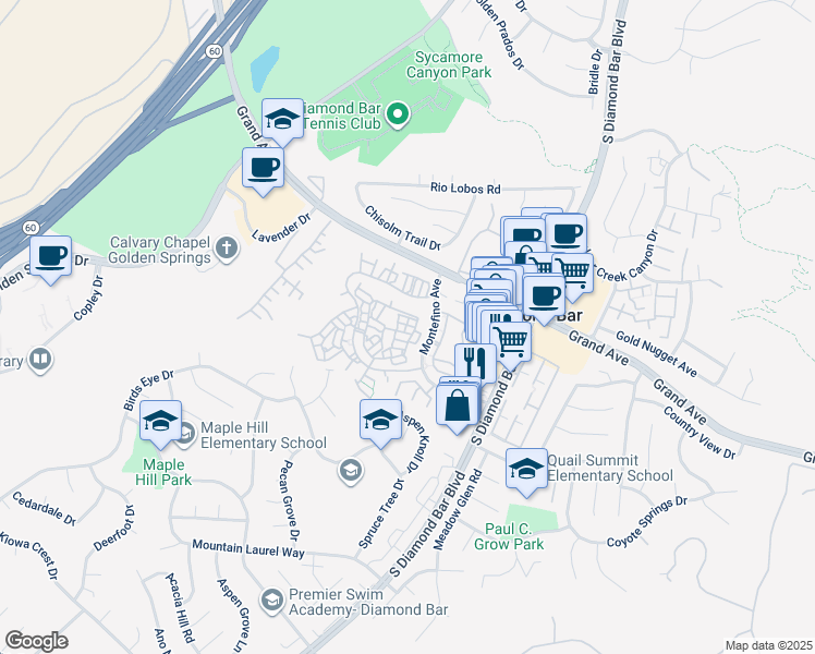 map of restaurants, bars, coffee shops, grocery stores, and more near 22931 Estoril Drive in Diamond Bar