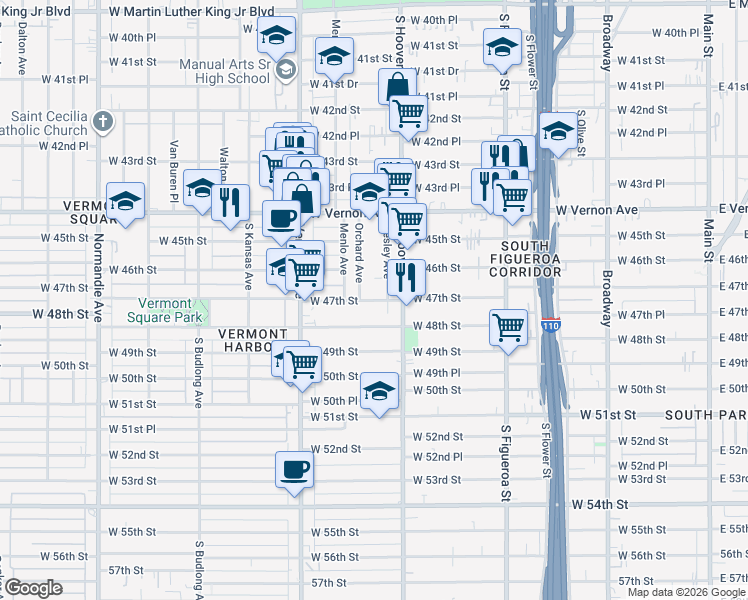 map of restaurants, bars, coffee shops, grocery stores, and more near 861 West 47th Street in Los Angeles