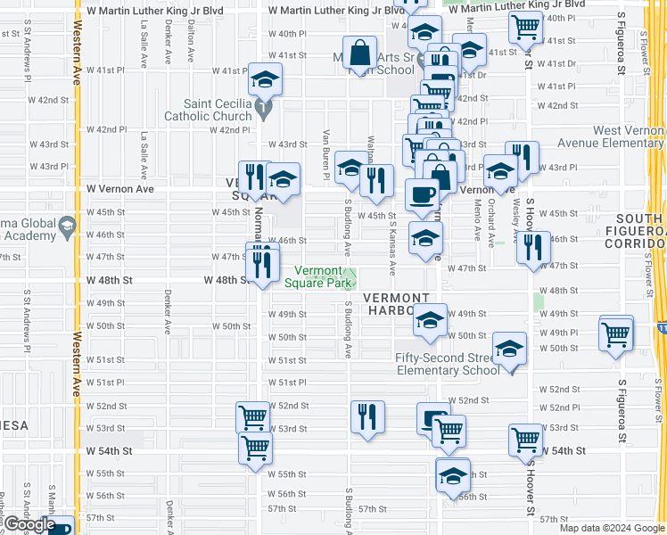 map of restaurants, bars, coffee shops, grocery stores, and more near 1201 West 47th Street in Los Angeles
