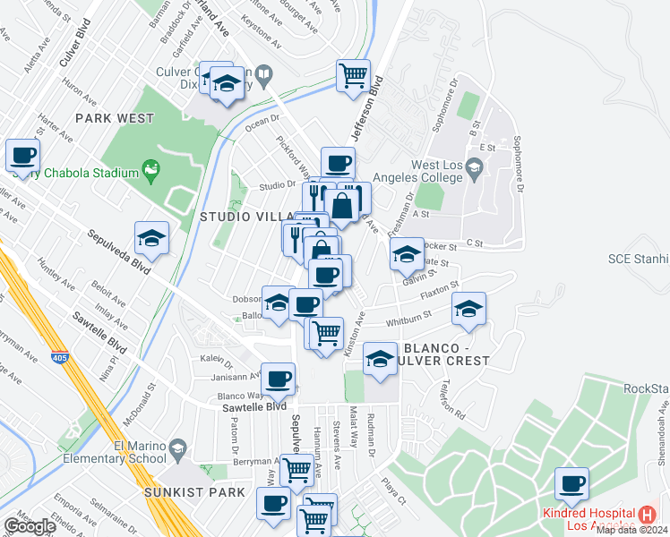 map of restaurants, bars, coffee shops, grocery stores, and more near 5467 Kinston Avenue in Culver City