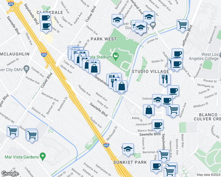 map of restaurants, bars, coffee shops, grocery stores, and more near in Los Angeles