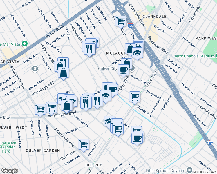 map of restaurants, bars, coffee shops, grocery stores, and more near 4238 East Boulevard in Los Angeles