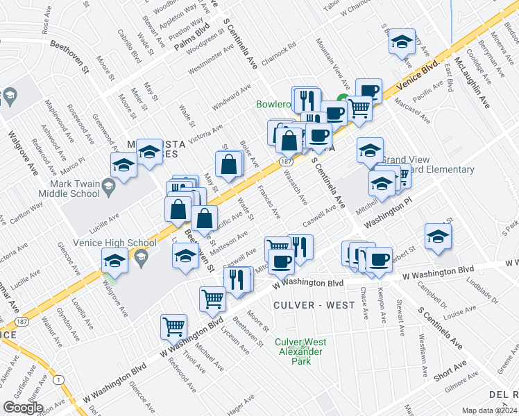 map of restaurants, bars, coffee shops, grocery stores, and more near 12634 Pacific Avenue in Los Angeles
