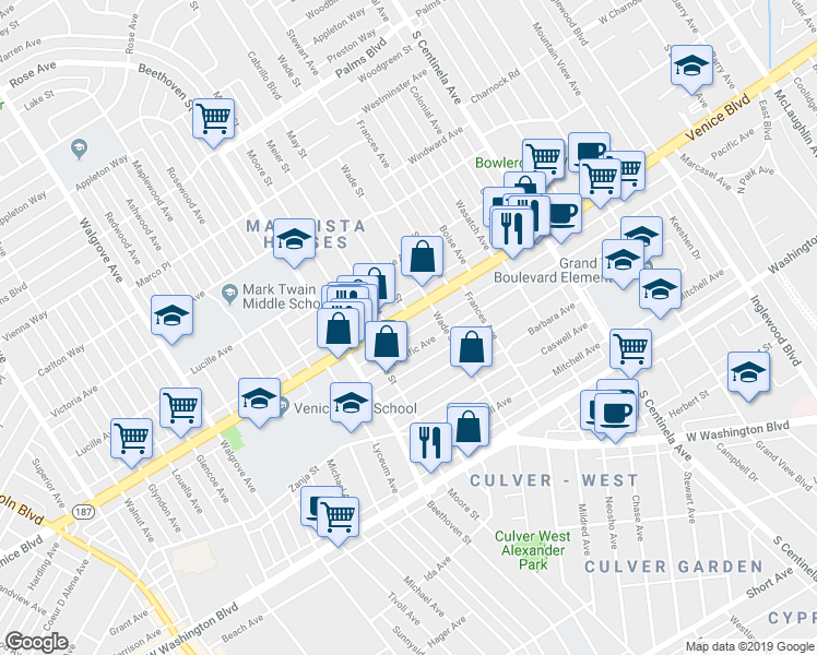 map of restaurants, bars, coffee shops, grocery stores, and more near 12736 Venice Boulevard in Los Angeles