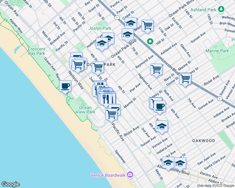 map of restaurants, bars, coffee shops, grocery stores, and more near 2913 3rd Street in Santa Monica
