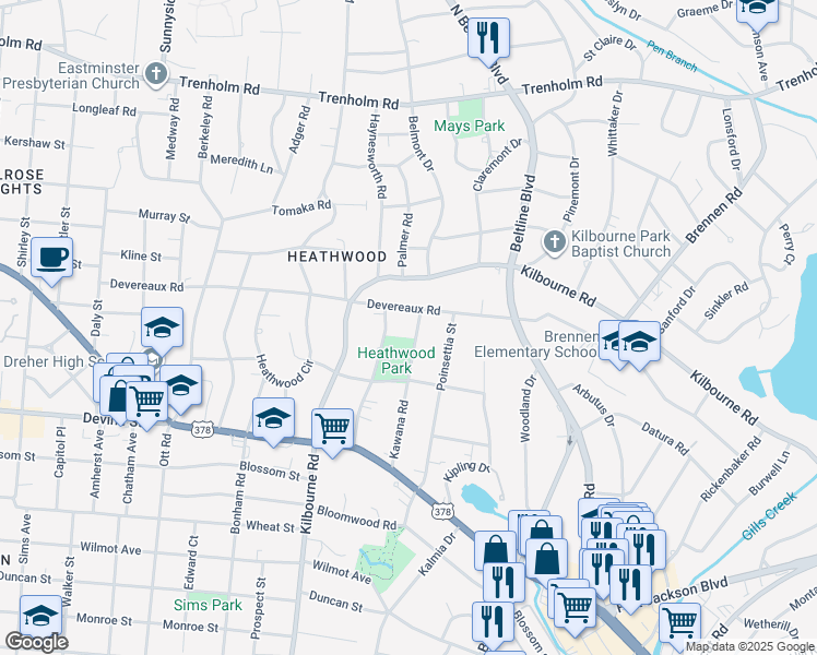 map of restaurants, bars, coffee shops, grocery stores, and more near 837 Kawana Road in Columbia