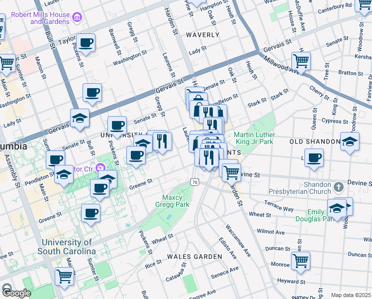 map of restaurants, bars, coffee shops, grocery stores, and more near 1924 College Street in Columbia