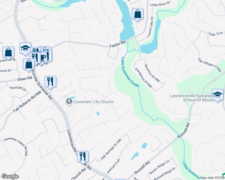 map of restaurants, bars, coffee shops, grocery stores, and more near 341 Natalie Drive in Lawrenceville