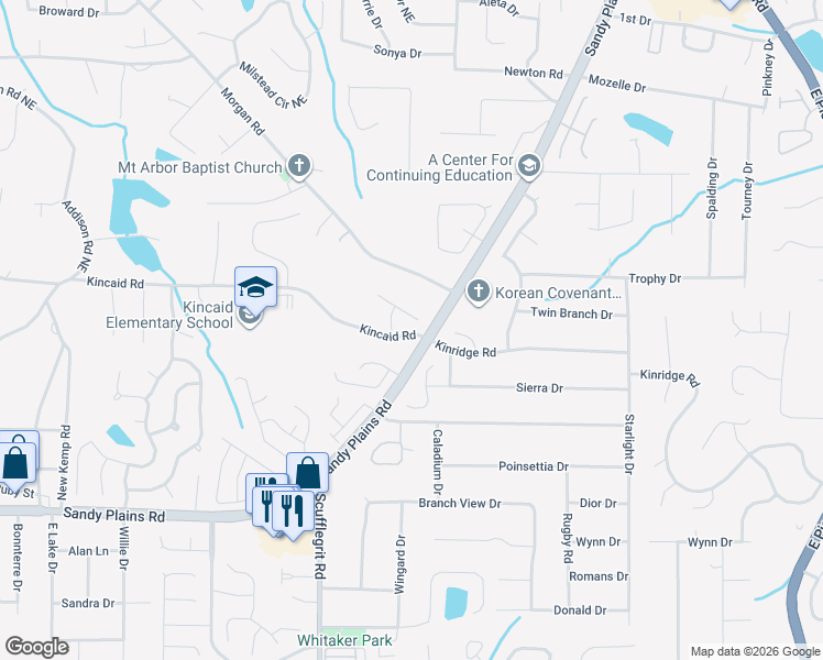 map of restaurants, bars, coffee shops, grocery stores, and more near 1578 Bungalow Park Lane Northeast in Marietta