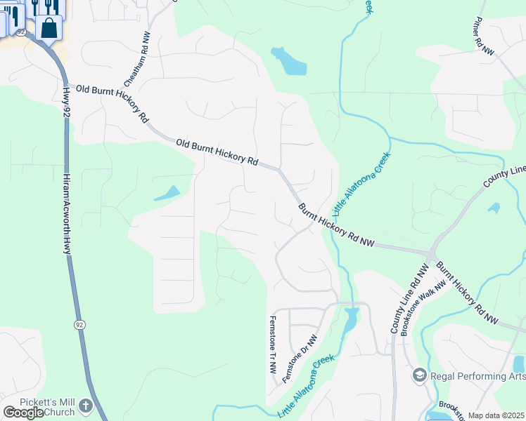 map of restaurants, bars, coffee shops, grocery stores, and more near 97 Brookstone Court in Acworth