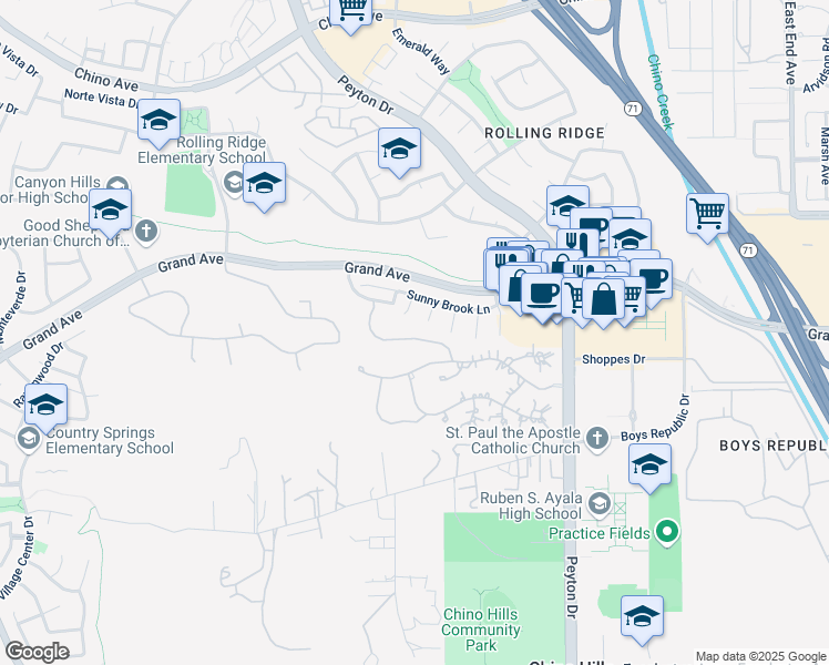 map of restaurants, bars, coffee shops, grocery stores, and more near 3048 Street of the Chimes in Chino Hills