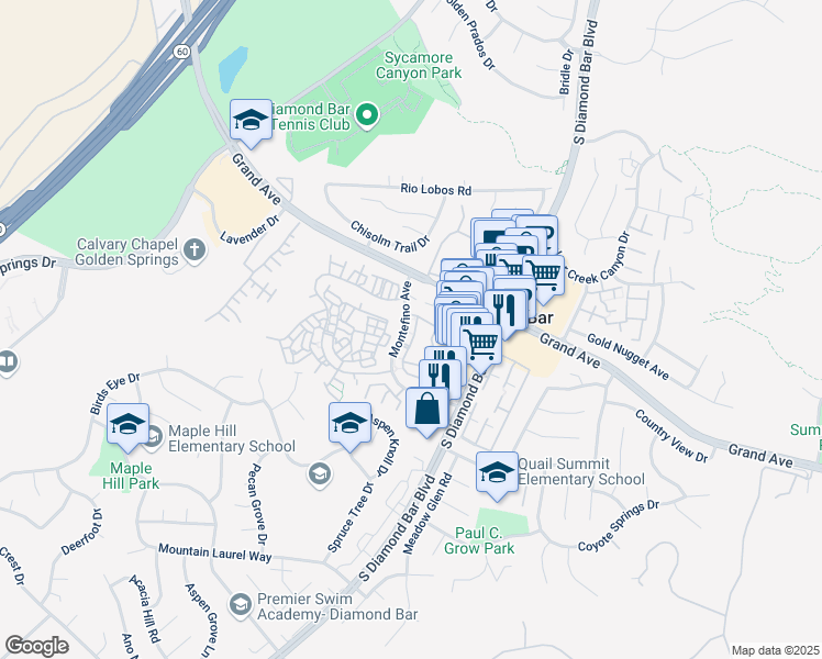 map of restaurants, bars, coffee shops, grocery stores, and more near 23080 Montefino Avenue in Diamond Bar