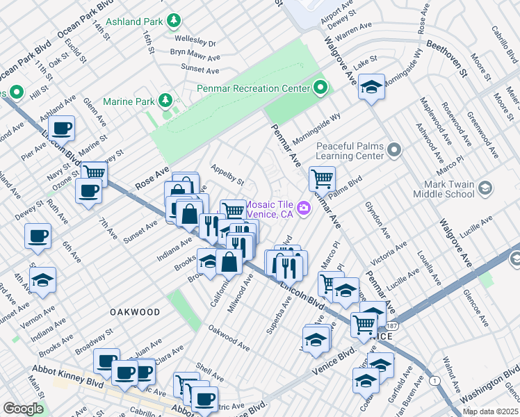 map of restaurants, bars, coffee shops, grocery stores, and more near 1011 Elkgrove Avenue in Los Angeles