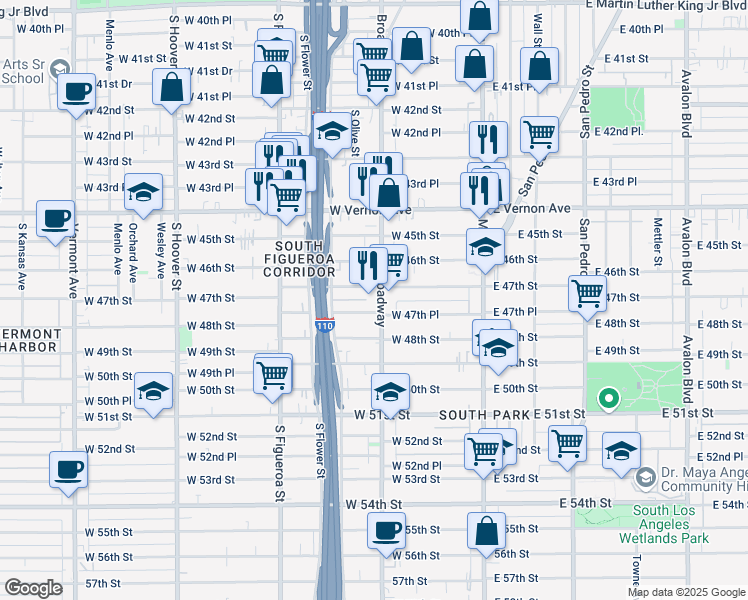 map of restaurants, bars, coffee shops, grocery stores, and more near 4701 South Broadway in Los Angeles