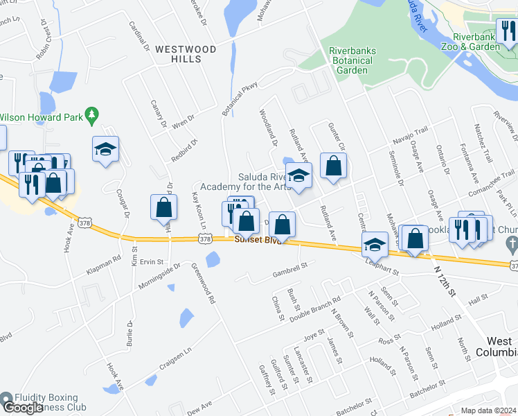 map of restaurants, bars, coffee shops, grocery stores, and more near 1707 Gilvie Avenue in West Columbia