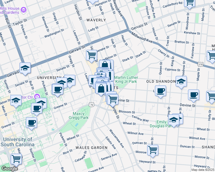 map of restaurants, bars, coffee shops, grocery stores, and more near 802 Harden Street in Columbia