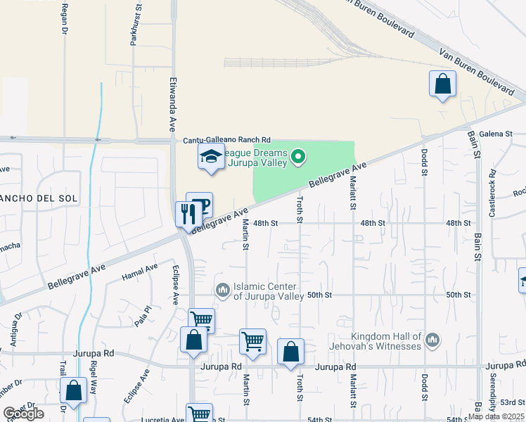 map of restaurants, bars, coffee shops, grocery stores, and more near 10732 Bellegrave Avenue in Jurupa Valley