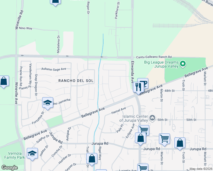 map of restaurants, bars, coffee shops, grocery stores, and more near 4797 Hot Creek Road in Jurupa Valley