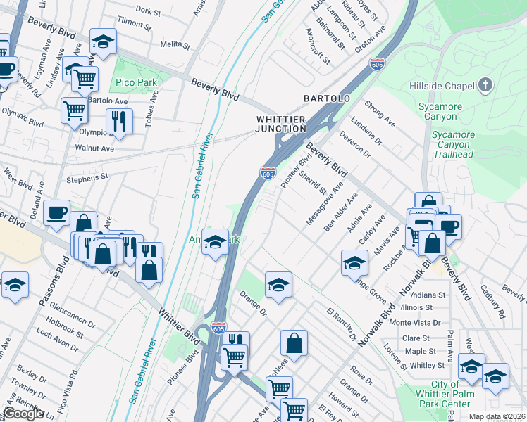 map of restaurants, bars, coffee shops, grocery stores, and more near 5593 Pioneer Boulevard in Whittier
