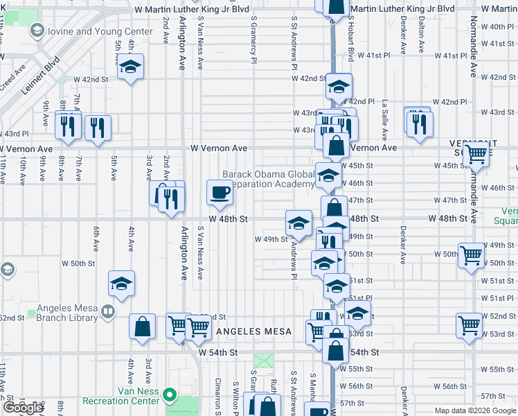 map of restaurants, bars, coffee shops, grocery stores, and more near 4715 South Gramercy Place in Los Angeles