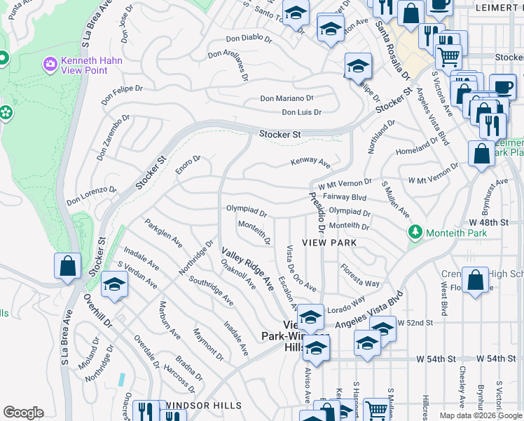 map of restaurants, bars, coffee shops, grocery stores, and more near 4058 Olympiad Drive in View Park-Windsor Hills