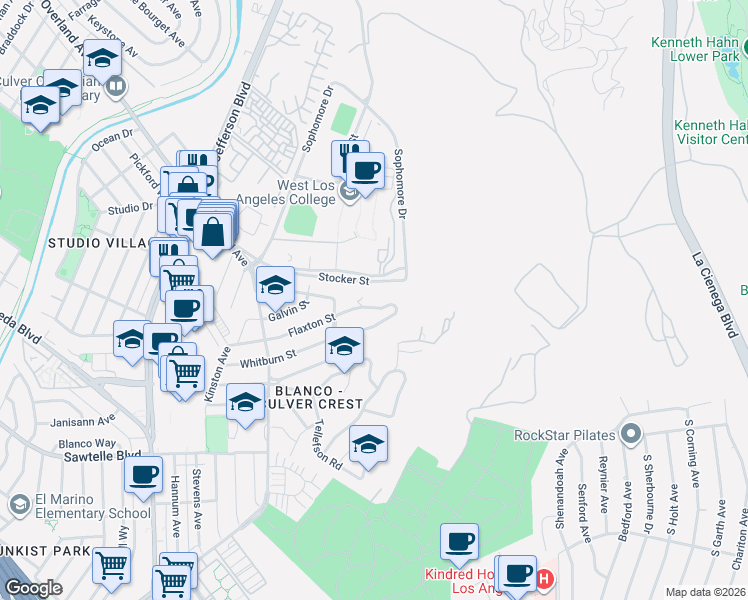 map of restaurants, bars, coffee shops, grocery stores, and more near 10611 Flaxton Street in Culver City