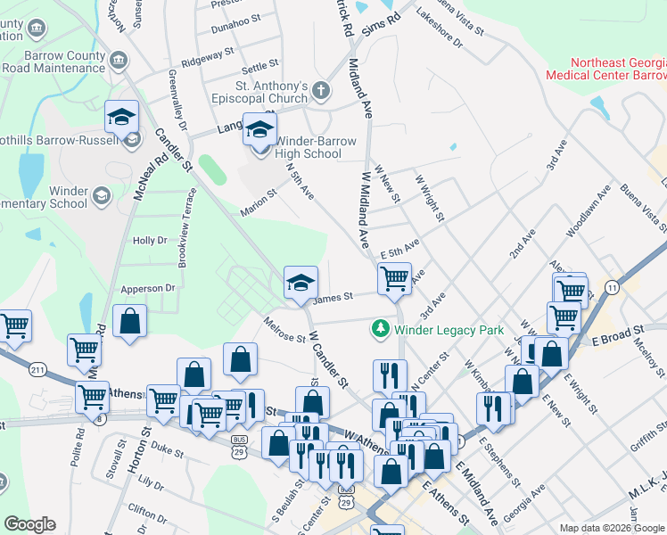 map of restaurants, bars, coffee shops, grocery stores, and more near 233 South Myrtle Street in Winder