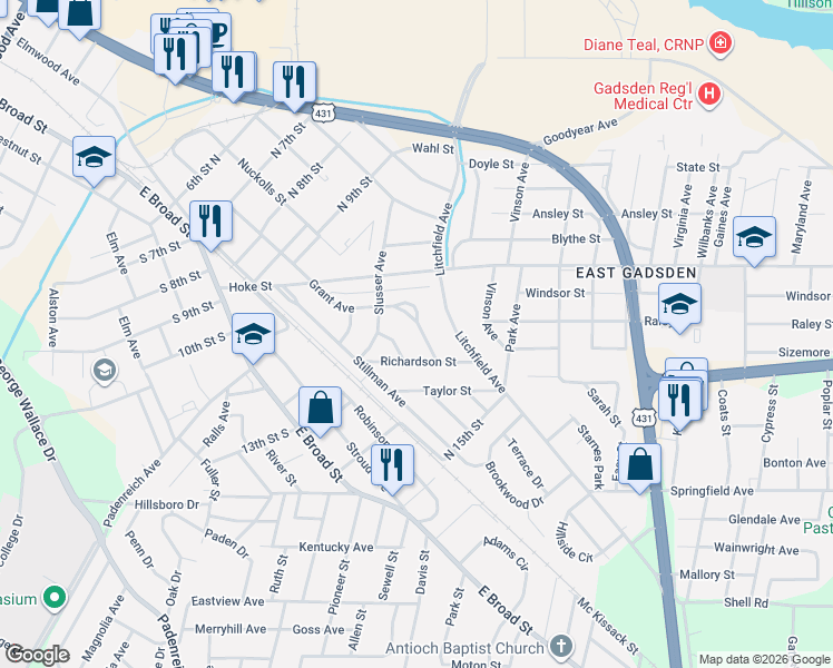 map of restaurants, bars, coffee shops, grocery stores, and more near 1233 Grant Avenue in Gadsden