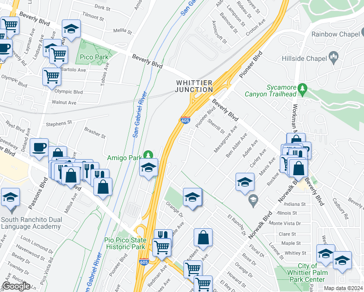 map of restaurants, bars, coffee shops, grocery stores, and more near 5593 Pioneer Boulevard in Whittier