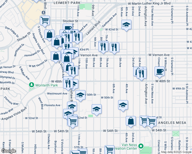 map of restaurants, bars, coffee shops, grocery stores, and more near 4715 8th Avenue in Los Angeles