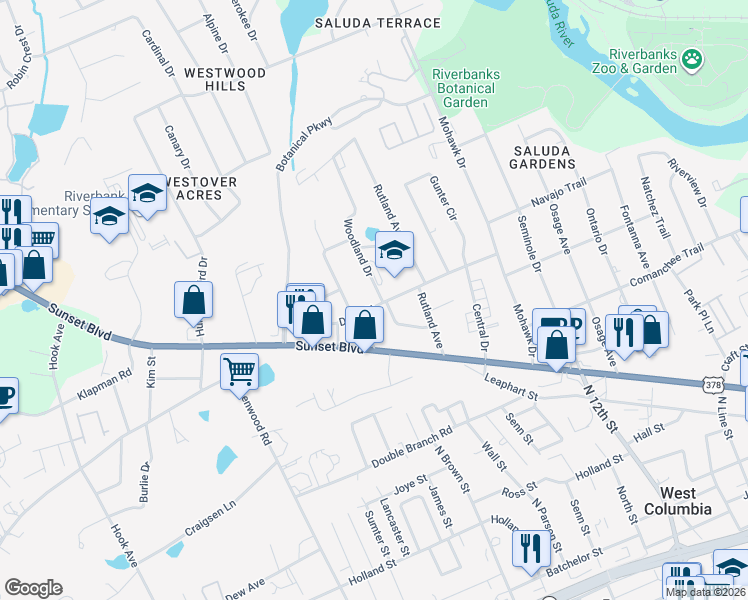 map of restaurants, bars, coffee shops, grocery stores, and more near 1600 Duke Street in West Columbia