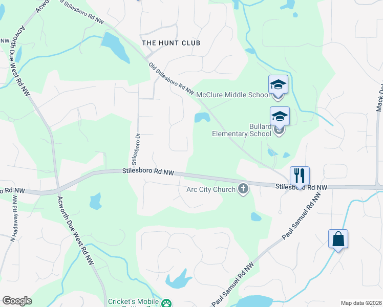 map of restaurants, bars, coffee shops, grocery stores, and more near 2019 Glenellen Drive Northwest in Kennesaw
