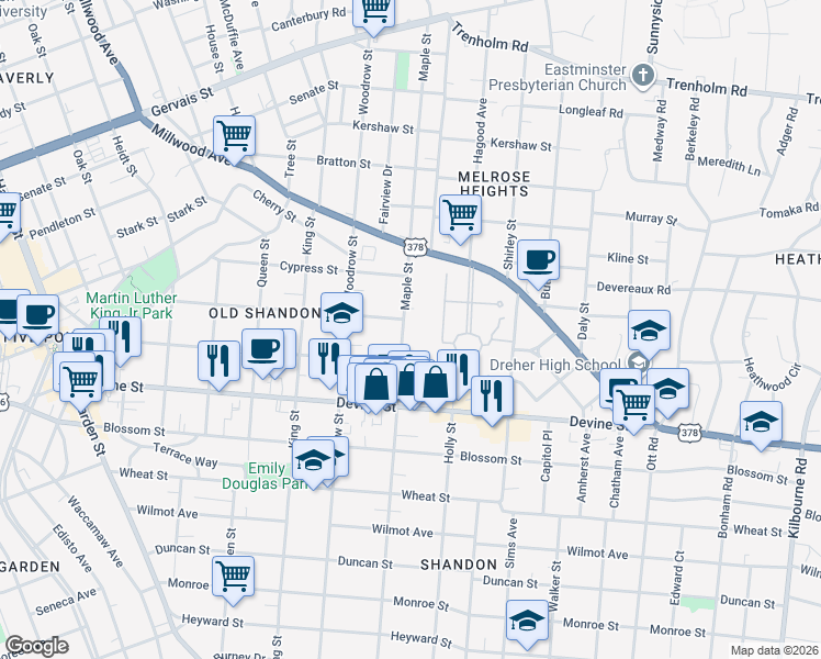 map of restaurants, bars, coffee shops, grocery stores, and more near 826 Maple Street in Columbia
