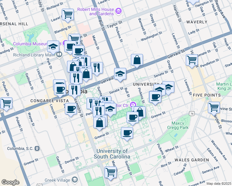 map of restaurants, bars, coffee shops, grocery stores, and more near 1020 Marion Street in Columbia