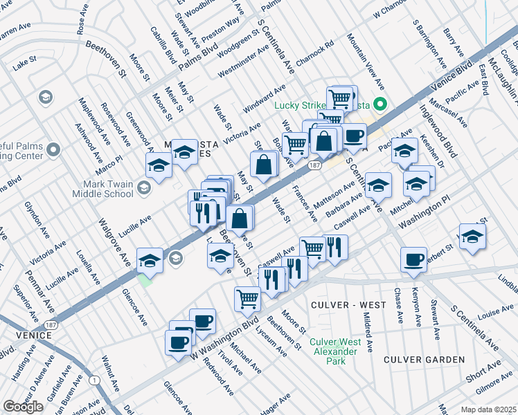 map of restaurants, bars, coffee shops, grocery stores, and more near 12730 Venice Boulevard in Los Angeles