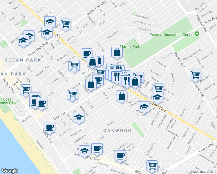 map of restaurants, bars, coffee shops, grocery stores, and more near 720 Rose Avenue in Los Angeles