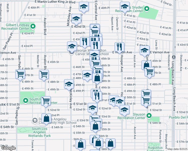 map of restaurants, bars, coffee shops, grocery stores, and more near 4707 South Central Avenue in Los Angeles