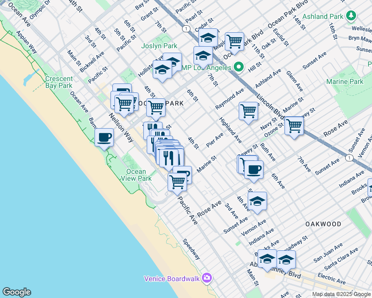 map of restaurants, bars, coffee shops, grocery stores, and more near 302 Ashland Avenue in Santa Monica