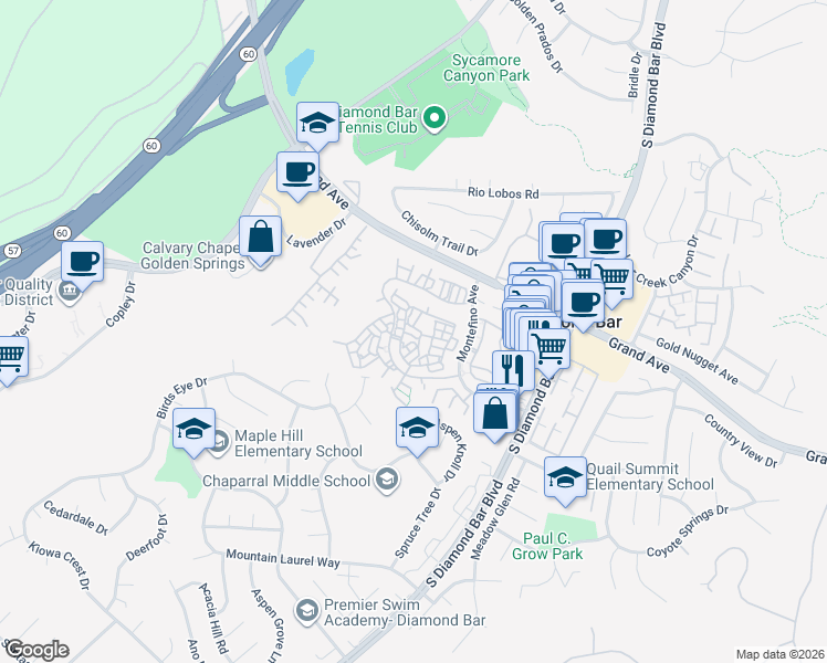map of restaurants, bars, coffee shops, grocery stores, and more near 22955 Estoril Drive in Diamond Bar