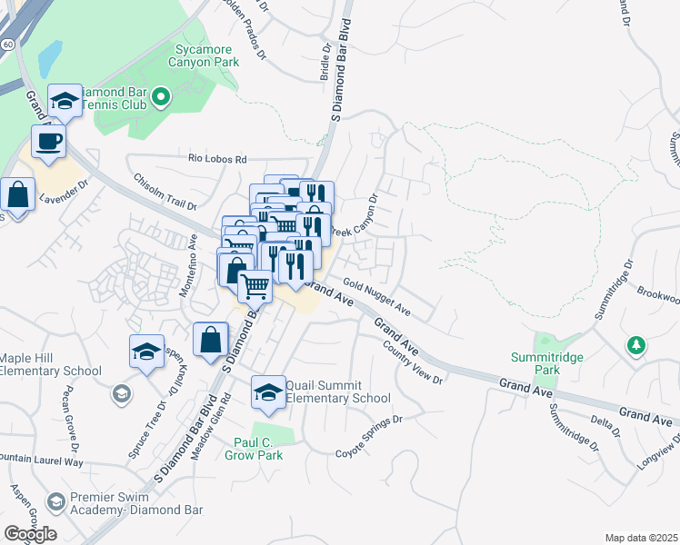map of restaurants, bars, coffee shops, grocery stores, and more near 23527 Gold Nugget Avenue in Diamond Bar