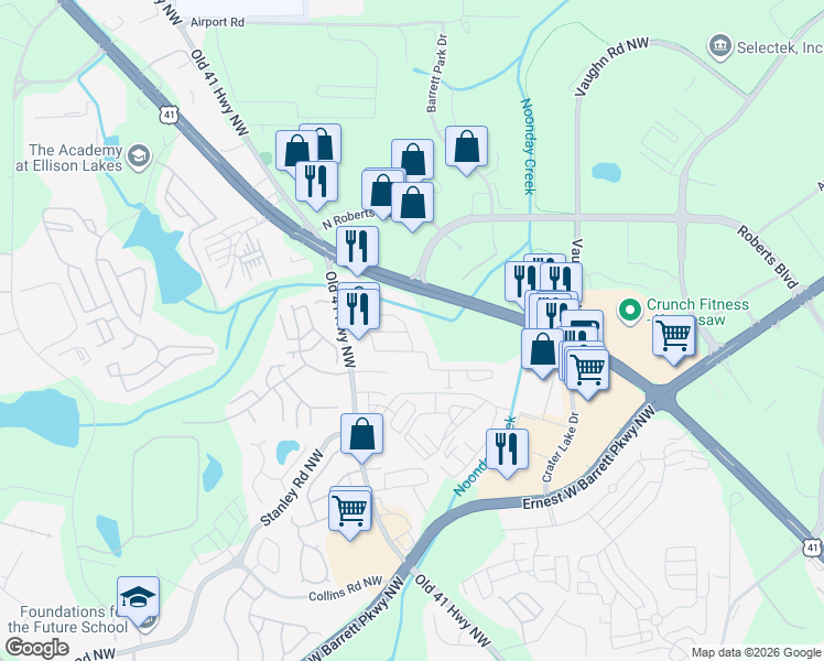 map of restaurants, bars, coffee shops, grocery stores, and more near 1546 Silvaner Avenue in Kennesaw