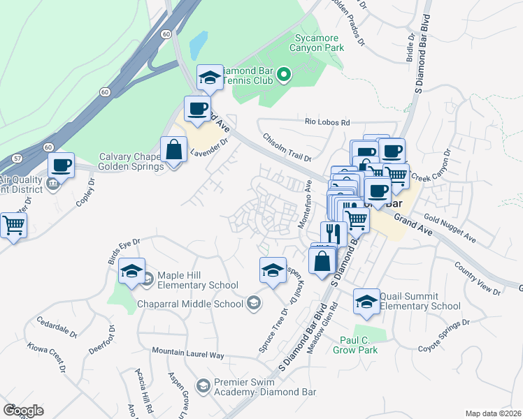 map of restaurants, bars, coffee shops, grocery stores, and more near 22955 Estoril Drive in Diamond Bar