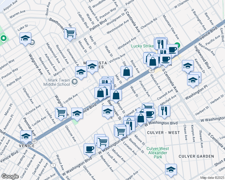 map of restaurants, bars, coffee shops, grocery stores, and more near 12777 Venice Boulevard in Los Angeles
