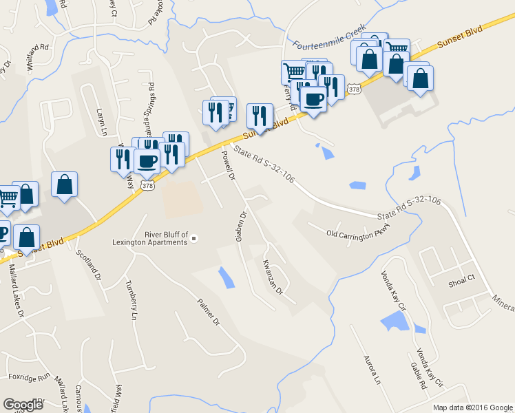 map of restaurants, bars, coffee shops, grocery stores, and more near 205 Powell Drive in Lexington